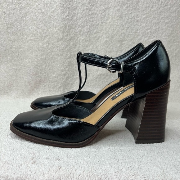 Nine West T-Strap Faux Leather Block Heels-Women’s 6-Black/Brown-Y2K-90s-Preppy - Picture 4 of 11